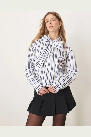 Neon Rose Striped pussybow blouse in cream-White