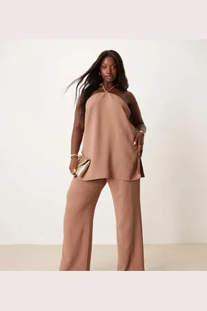 ASOS Curve tailored straight leg pants in (part of a set)-Brown