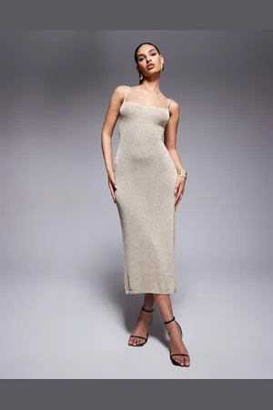 Missyempire Missy Empire metallic knitted lace up back side slit midi dress in