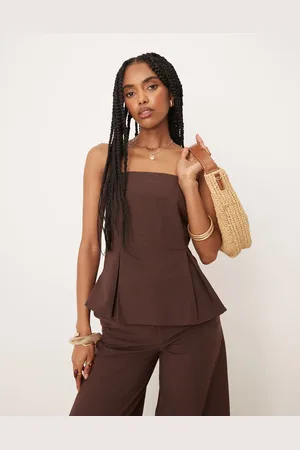 ASOS Linen look cinch waist bandeau top in -White