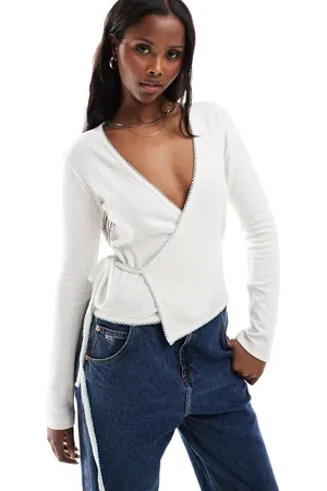 Daisy Street Pointelle wrap over top in -White