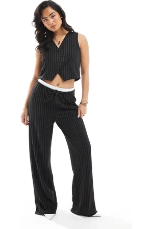 Pieces® Tailored double waistband detail wide leg pants in black pinstripe (part of a set)