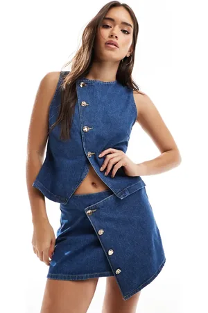 ASOS Asymmetric wrap front denim micro skirt with gold buttons in mid (part of a set)