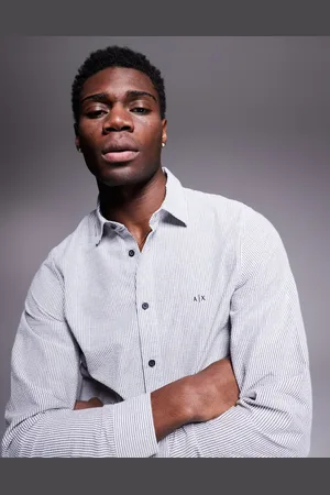 Armani Exchange Striped logo shirt in white and navy