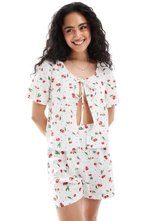 ONLY Linen mix tie front top in cherry print (part of a set)