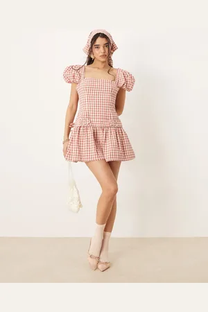 For Love & Lemons Georgia gingham puff sleeve mini dress in white and