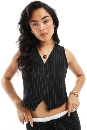 Pieces® Tailored asymmetric placket detail waistcoat in black pinstripe (part of a set)