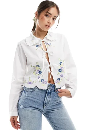 Object Tie front shirt with floral embroidery in