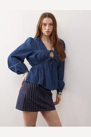 Reclaimed Long sleeve ruched tie front top in mid blue