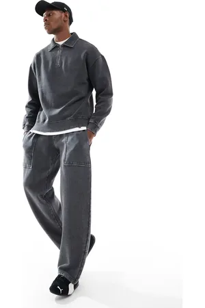 Another Influence Acid wash seam detail wide leg trackies in charcoal (part of a set)-Grey