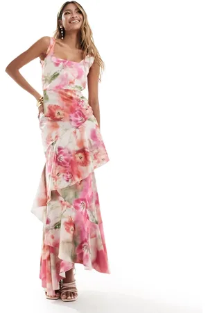 True Violet Square neck ruffle midaxi dress in blurred pink floral