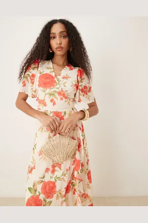 Y.A.S Wrap front fluted sleeve chiffon maxi dress in cream -Multi