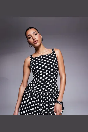 Kaiia Exclusive high square neck button front gathered skirt mini dress in dot-Multi