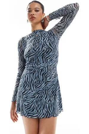 JJXX Mesh long sleeve dress in blue zebra print