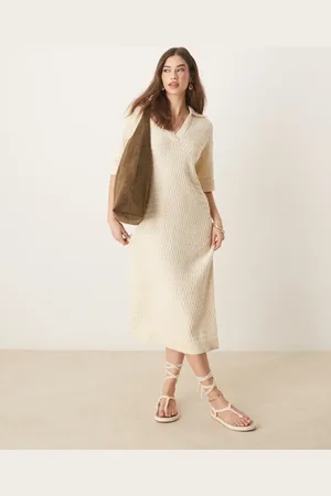 Y.A.S Knitted polo neck short sleeve midi dress in cream-White