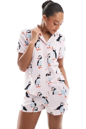 Chelsea Peers Cotton short sleeve revere and shorts set in puffin print