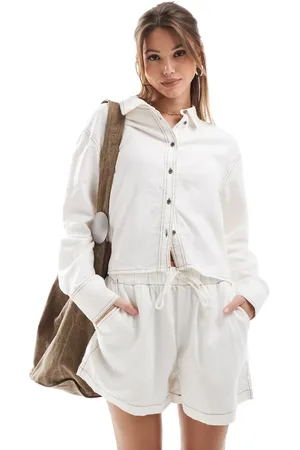 ONLY Linen blend cropped shirt with contrast stitch in (part of a set)