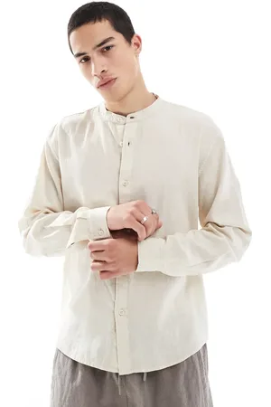 Pull&Bear Linen rich long sleeve textured grandad shirt in beige