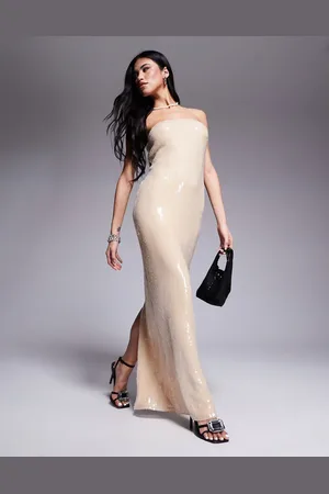 Rare Fashion London sequin bandeau maxi dress in buttercream-Yellow