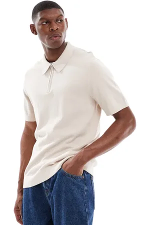 JACK & JONES Knit polo with zip in cream-White