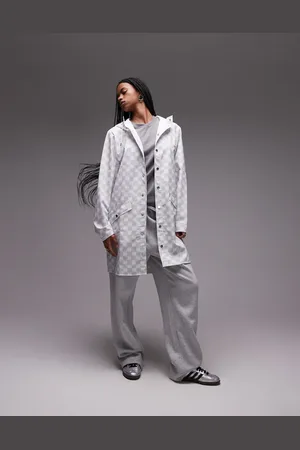 Rains 12020 waterproof long jacket in light checkerboard-White