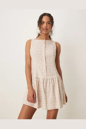 ASOS Slash neck button down dropped waist mini dress in -Neutral