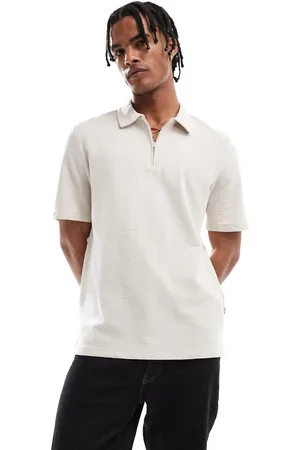 JACK & JONES Textured zip polo in beige-Neutral