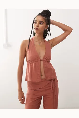 Motel Syrma bead detail linen look halter top in -Orange