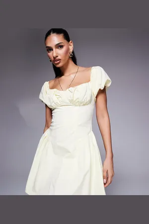 Kaiia Exclusive poplin puff sleeve hip pleat detail mini dress in -Yellow