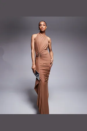 ASOS ASOS DESIGN Tall sculpting jersey high neck drape ruffle maxi dress in -Brown