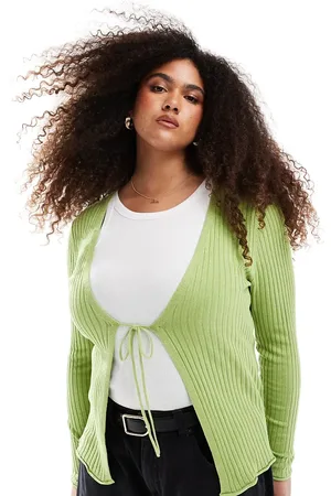 ONLY Tie front ribbed cardigan in green