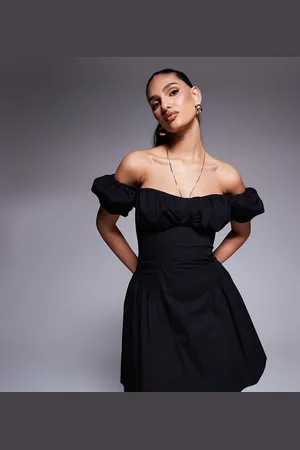 Kaiia Exclusive poplin puff sleeve hip pleat detail mini dress in