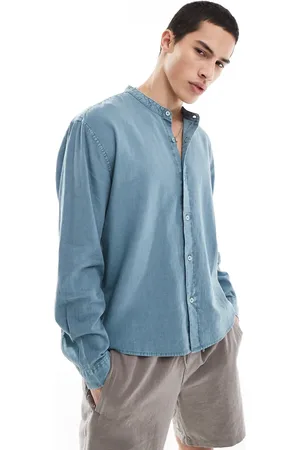 Pull&Bear Linen rich long sleeve textured grandad shirt in teal