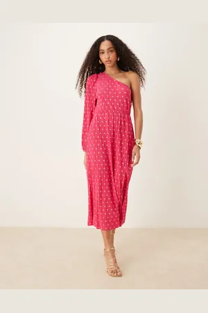 Y.A.S Foil spot plisse one shoulder maxi dress in pink