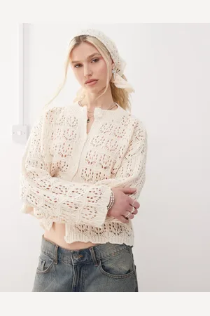 Reclaimed Crochet boxy cardi and headscarf set in -White