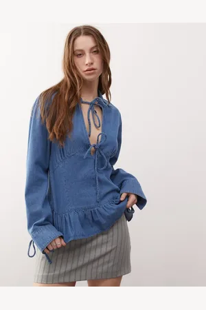 Reclaimed Long sleeve tie front top with peplum hem in mid blue