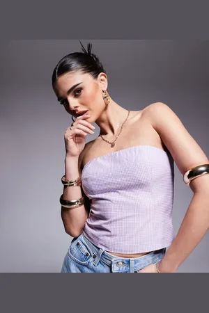 Kaiia Exclusive bandeau crop top in gingham-Multi
