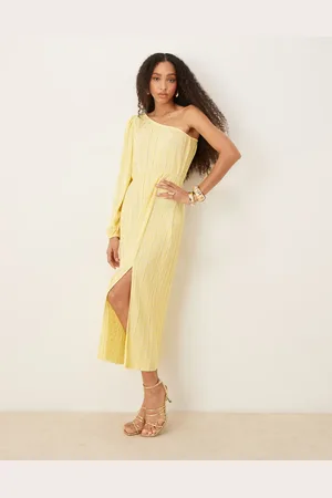 Y.A.S Foil spot plisse one shoulder maxi dress in pale yellow