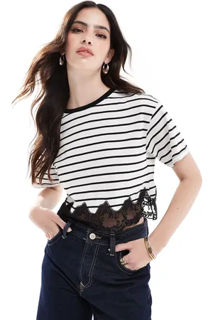 Miss Selfridge Lace hem short sleeve t-shirt-Multi