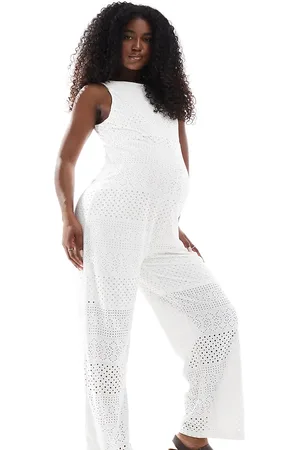 Mama;licious Mamalicious Maternity wide leg jersey broderie jumpsuit in white