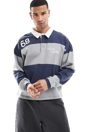 Cotton On Cotton On long sleeve rugby polo shirt in striped navy and grey
