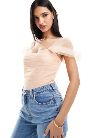 Lace & Beads Tulle bardot bodysuit in -Pink