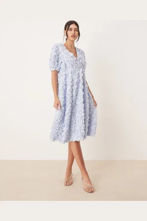 Y.A.S 3D floral textured v neck midi dress in soft blue