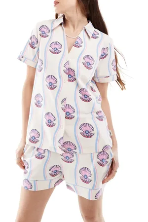 Chelsea Peers Cotton short sleeve revere shirt and shorts set in shell print-White