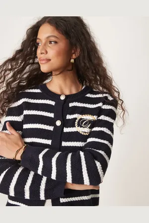 GANT Crew neck logo cardigan in navy stripe