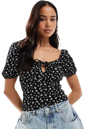 Miss Selfridge Tie front milkmaid top in -Multi