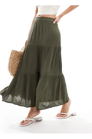ONLY Tiered maxi skirt in khaki-Green
