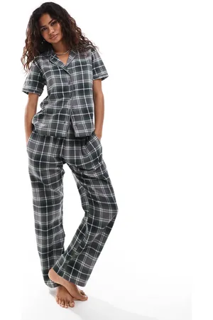 Brave Soul Short sleeve shirt and wide leg pants pyjama set in grey check-Brown