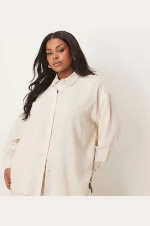 ASOS Curve oversized long sleeve shirt with linen in (part of a set)-Neutral