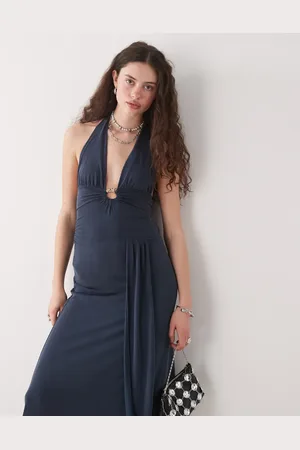Motel Ryoko wrap detail slinky midaxi halter dress in -Navy